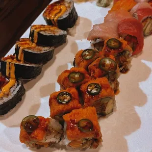 Volcano Roll, Rainbow Roll and Red Dragon Roll
