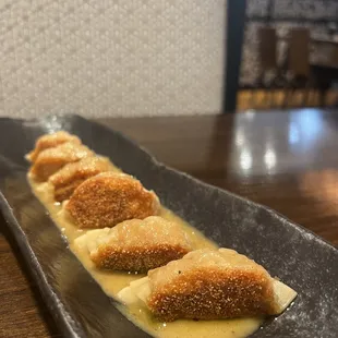 a long rectangular dish of food