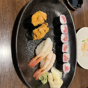 Sea urchin sushi, ebi sushi, and fatty tuna rolls