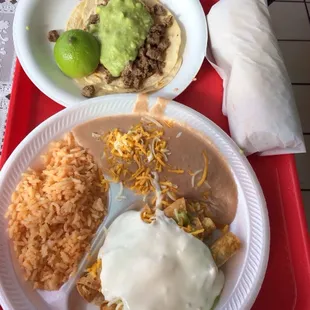 3 rolled tacos with rice &amp; beans, Carne Asada taco &amp; bean &amp; cheese burrito