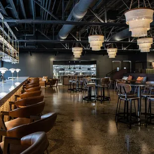 a restaurant with a bar and chairs