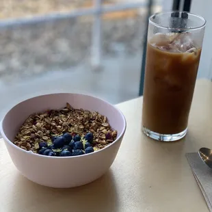 I have the yogurt with granola and a cold brew with almond milk.