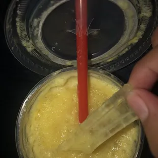 Purchased a pina colada smoothie and it had a huge piece of plastic in it