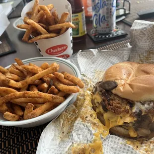 Generous serving of fries.  Fried mushroom big buford.