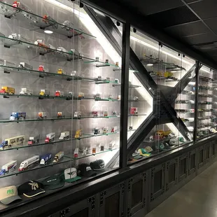 Wall of dye-cast trucks that were in founders office prior