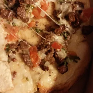 Onion, tomato, cheese, beef, and cilantro I believe. Beef quesadilla