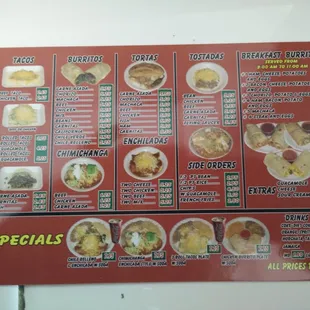 Menu with updated prices