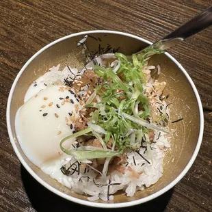 Mini gyudon (soft boiled egg, beef and onion mix with nori and scallions)