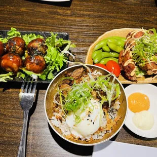 Tako yaki, chicken karage, mini rice with charsu