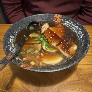 Teriyaki Ramen- chicken, soft boiled egg, corn, black mushrooms, bamboo, noodles, chives