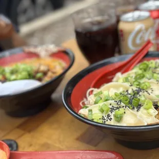 a bowl of ramen noodles and a bowl of soup