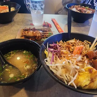 Customized chicken rice bowl w/ side miso soup, braised beef noodle, chicken katsu ramen, and chicken yakitori