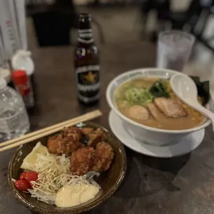 Karaage juicy chicken, the Signature Ramen  and a Sapporo