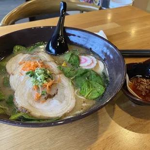 Black ramen (black sesame oil) hot sauce on the side