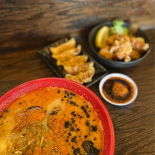 Black Shisen Ramen m, Gyoza and Karaage Deep Fried Chicken