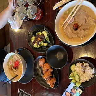 a variety of asian food on a table