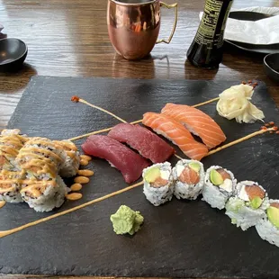 Spicy tuna maki, bluefin tuna nigiri, salmon nigiri, Philadelphia maki