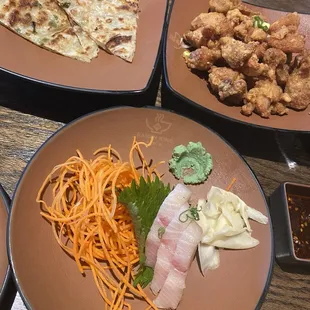 Yellow Tail Sashimi , Scallion Pancakes and Chicken bites