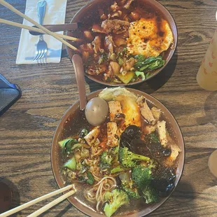 Vegetable and egg noodle soup + spicy dice chicken noodle soup