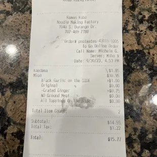 The receipt for my order