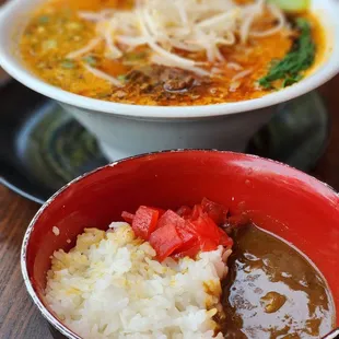 Spicy tonkotsu ramen with $5 curry Don side
