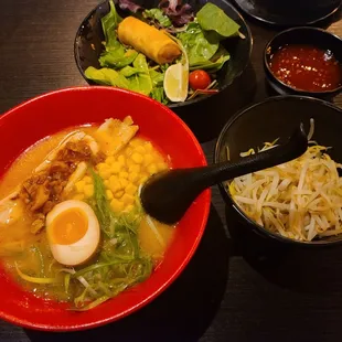 Chicken ramen with veggie egg roll and bean sprouts