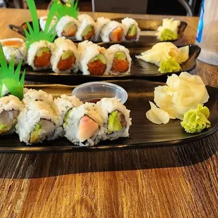 Yellow tail roll, salmon roll, spicy tuna roll