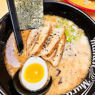 Black Ramen - chashu, soft boiled egg, black garlic oil, bean sprout, woodear mushroom, seaweed, green onions