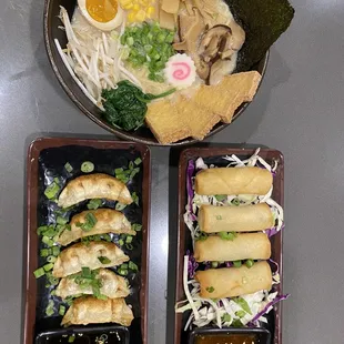 Vegetarian Ramen with tofu, veggie egg rolls, veggie gyoza
