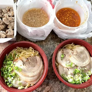 Black Garlic Osaka Tonkotsu Ramen and Black Garlic Spicy Red Miso Ramen and a side order of Popcorn Chicken