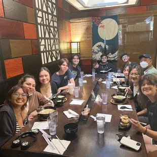 Ramen party inside the restaurant. Restaurant good for big parties. Family gathering, big group.