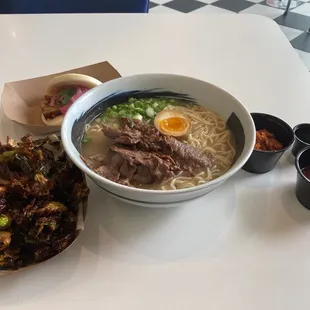 Spicy Beef with Fried Brussel Sprouts and Pork Belly Steamed Bun (Ramen Set)