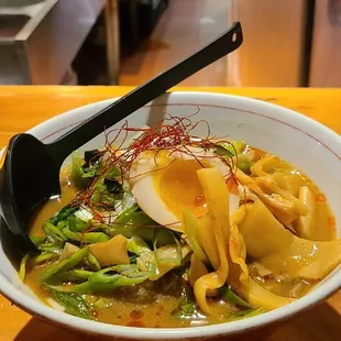 Vegan tan tan men ramen with egg noodles + egg, bamboo shoots, and chili oil