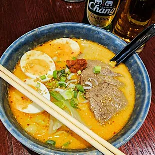 Spicy Tonkatsu Ramen with Pork Slices and extra egg