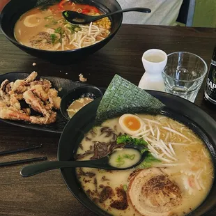 Tonkotsu Ramen, Spicy Miso Ramen, deep fried squid legs