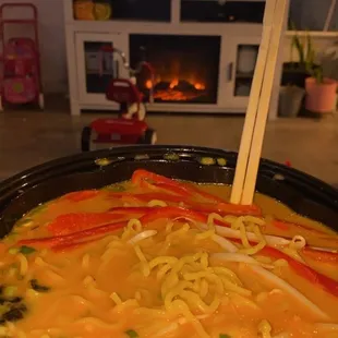 Spicy miso ramen at home watching UFC