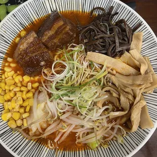 Spicy miso ramen with all inclusions and no egg. Edamame also pictured!