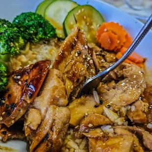 Teriyaki chicken, very bland, lack traditional sweet / salty flavor, water down, no bueno