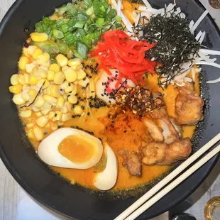 Spicy Tonkotsu with chicken Karaage, added pickled ginger.
