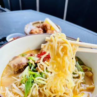 Spicy Roasted Garlic Miso Ramen, Fried Chicken Nuggets