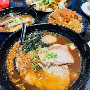 Black garlic ramen, katsu curry, seafood crispy noodles