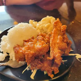 Mochiko chicken with rice and Mac salad