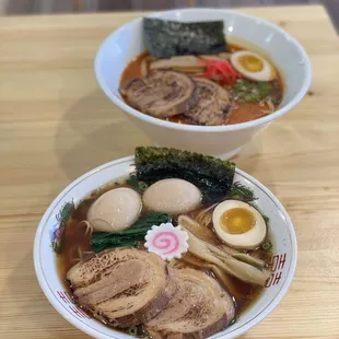 shoyu + 2 eggs, spicy tonkotsu