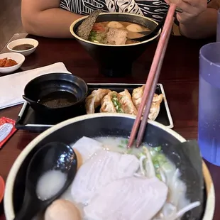 Miso ramen and spicy tonkatsu with gyoza appetizers