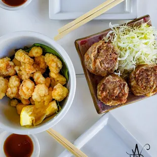 Fried tentacles and pork shumai. Tentacles were chewy and forgetful. The Shumai was an explosion of flavor!
