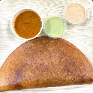 Masala Dosa with Coconut, Peanut Chutney, Sambar