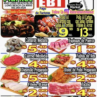 a menu for a variety of foods