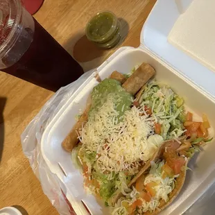 Hard shell beef taco. Two taquitos were good but the bean tostada was stale and gross. Jamaica was good.