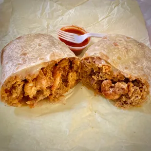 Surf n&apos; turf style burrito (steak &amp; shrimp). SO craveable, w/ beans/rice/cheese/chipotle.