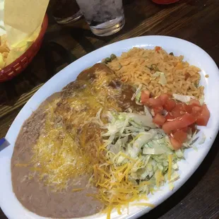 Beef enchiladas with rice and beans